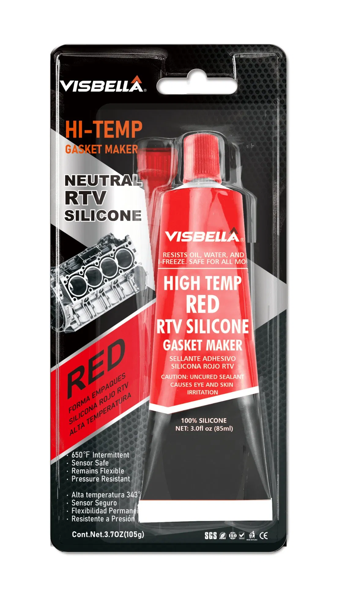 Visbella-RTV-Red-Gasket-Maker-High-Temperature-Adhesive Visbella raudonos spalvos silikoninis sandariklis 105g - Image 1